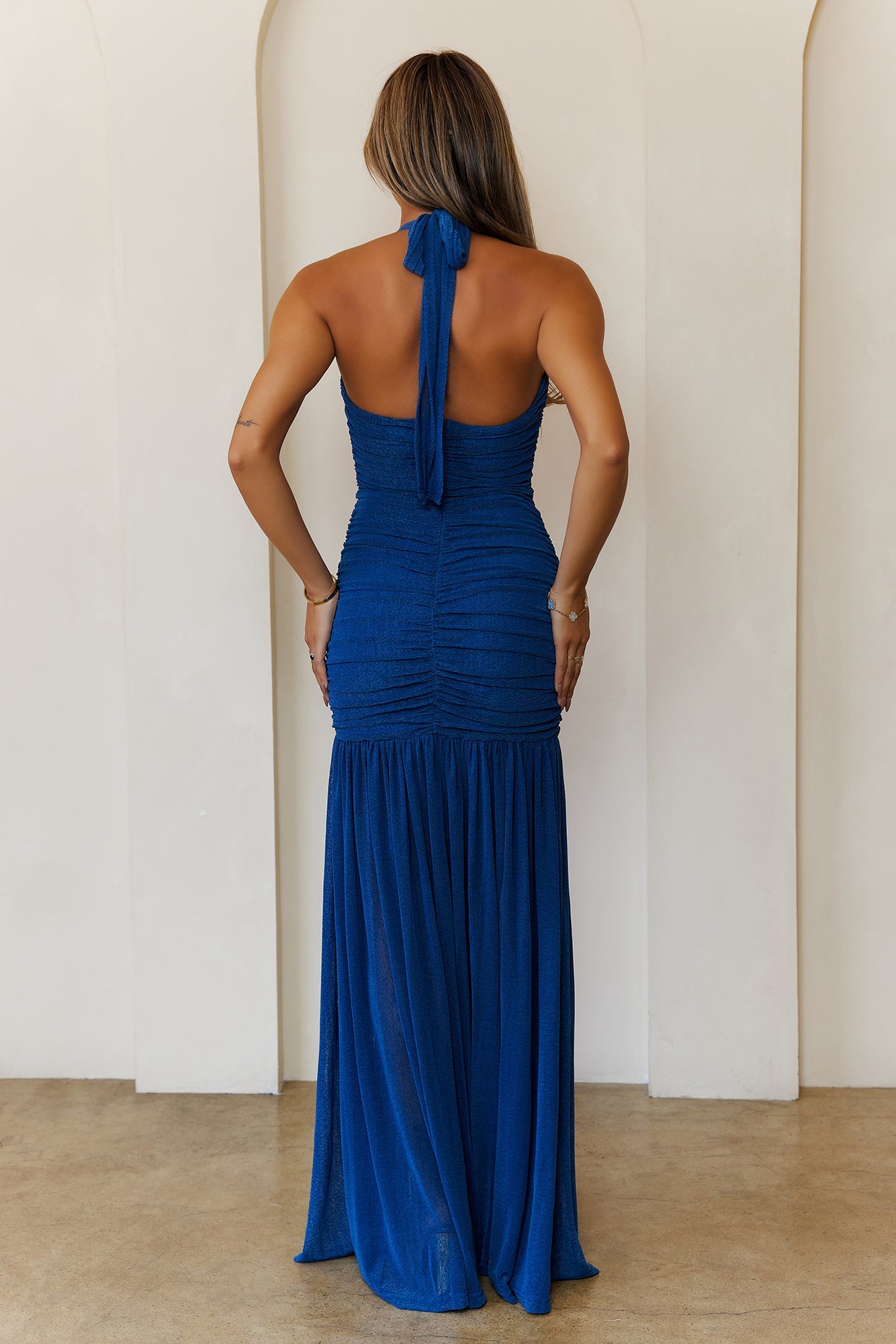 Evelyn Luxe Mesh Halter Maxi Dress Teal