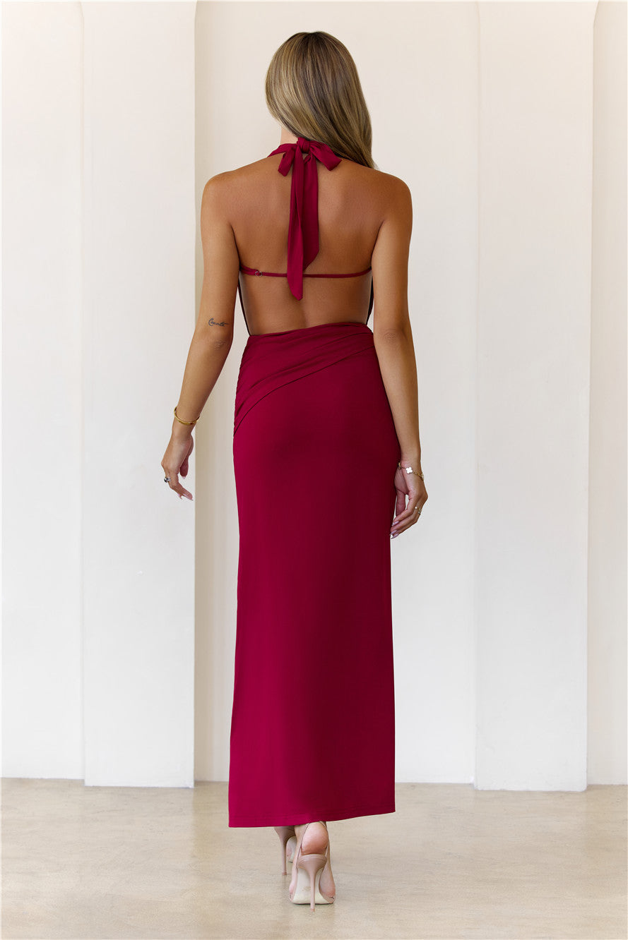 Silk Essence Halter Maxi Dress Burgundy