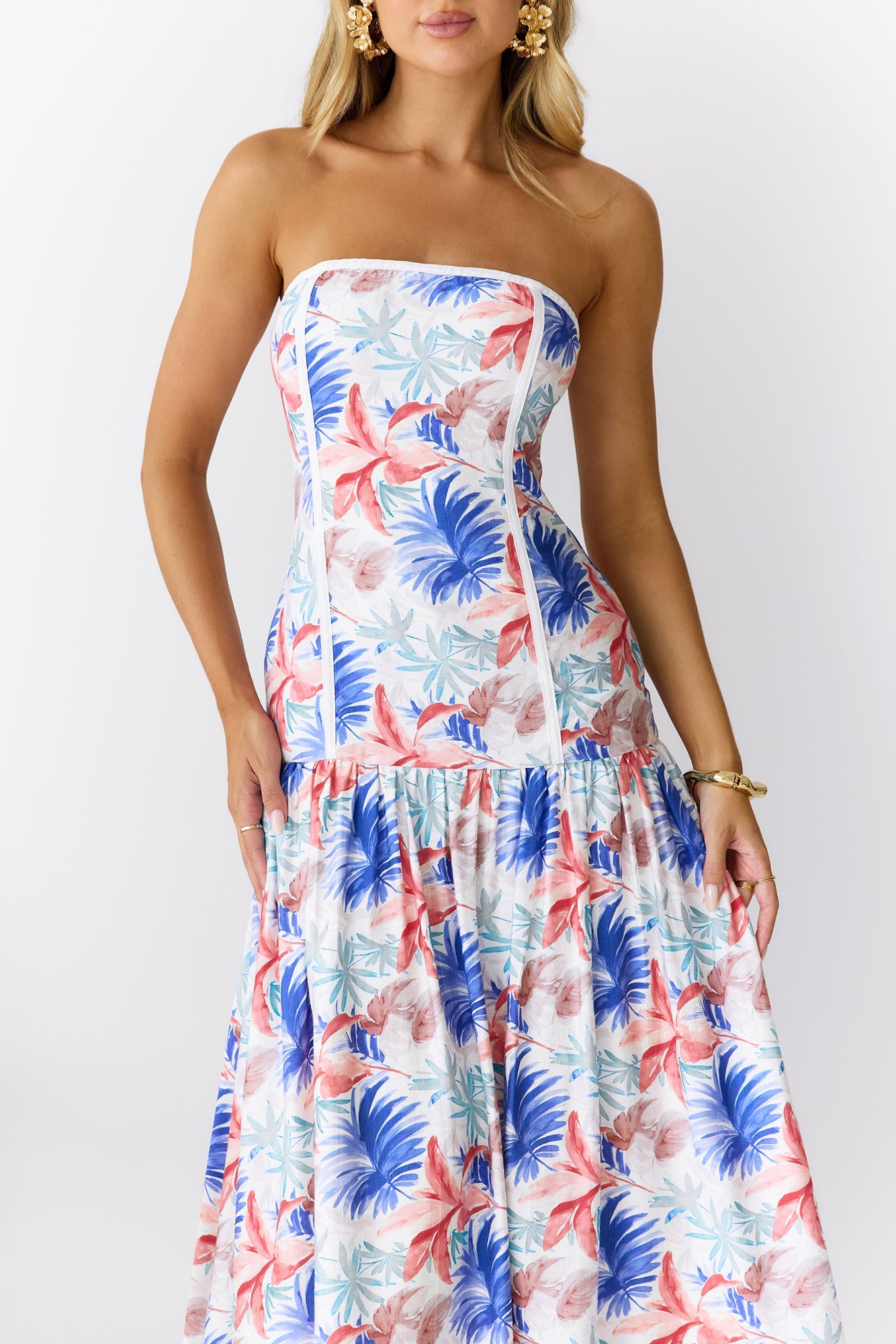 Palm Oasis Strapless Midi Dress Blue