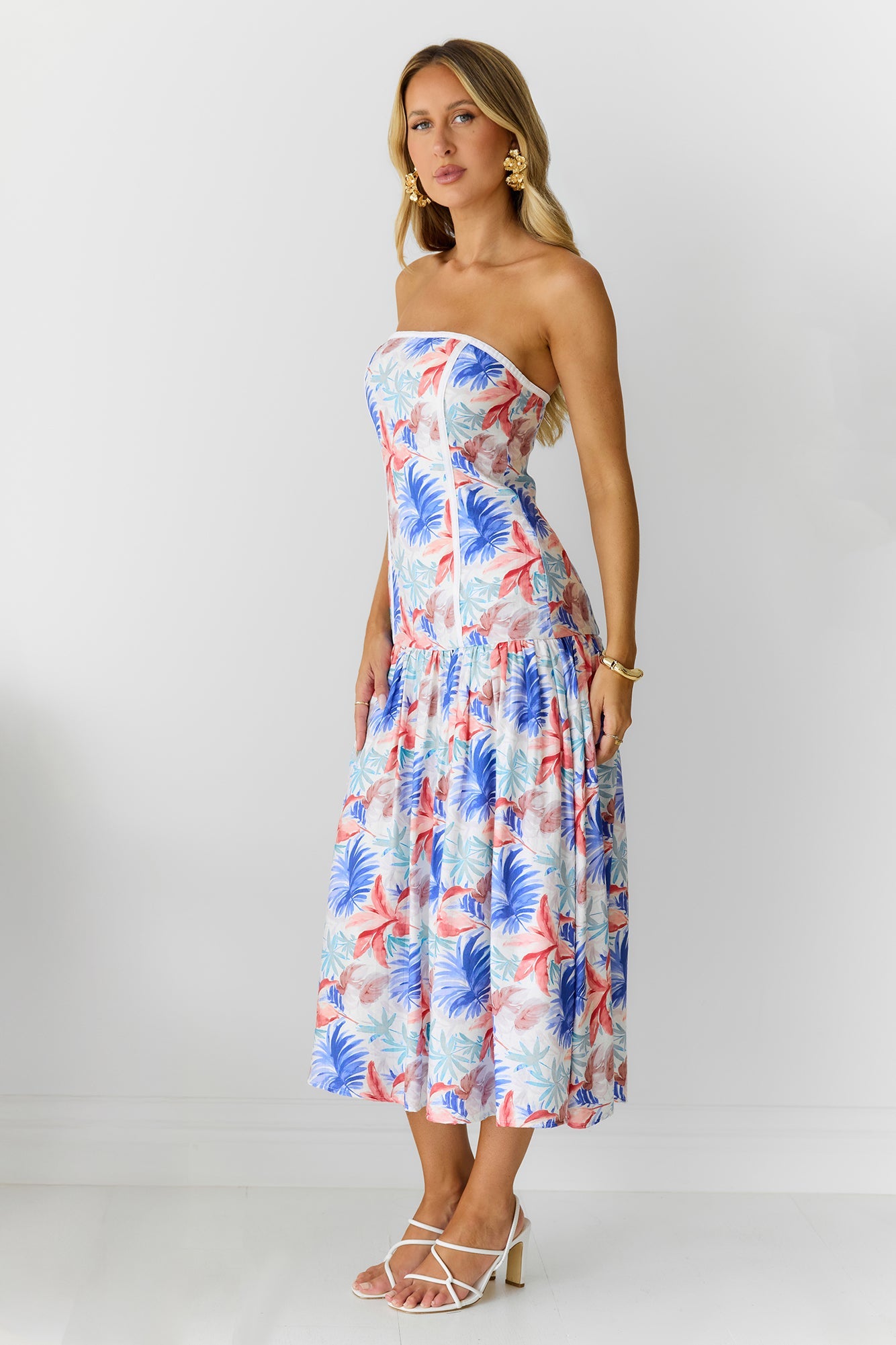 Palm Oasis Strapless Midi Dress Blue