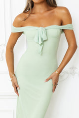Stepping Back Off Shoulder Mesh Maxi Dress Sage