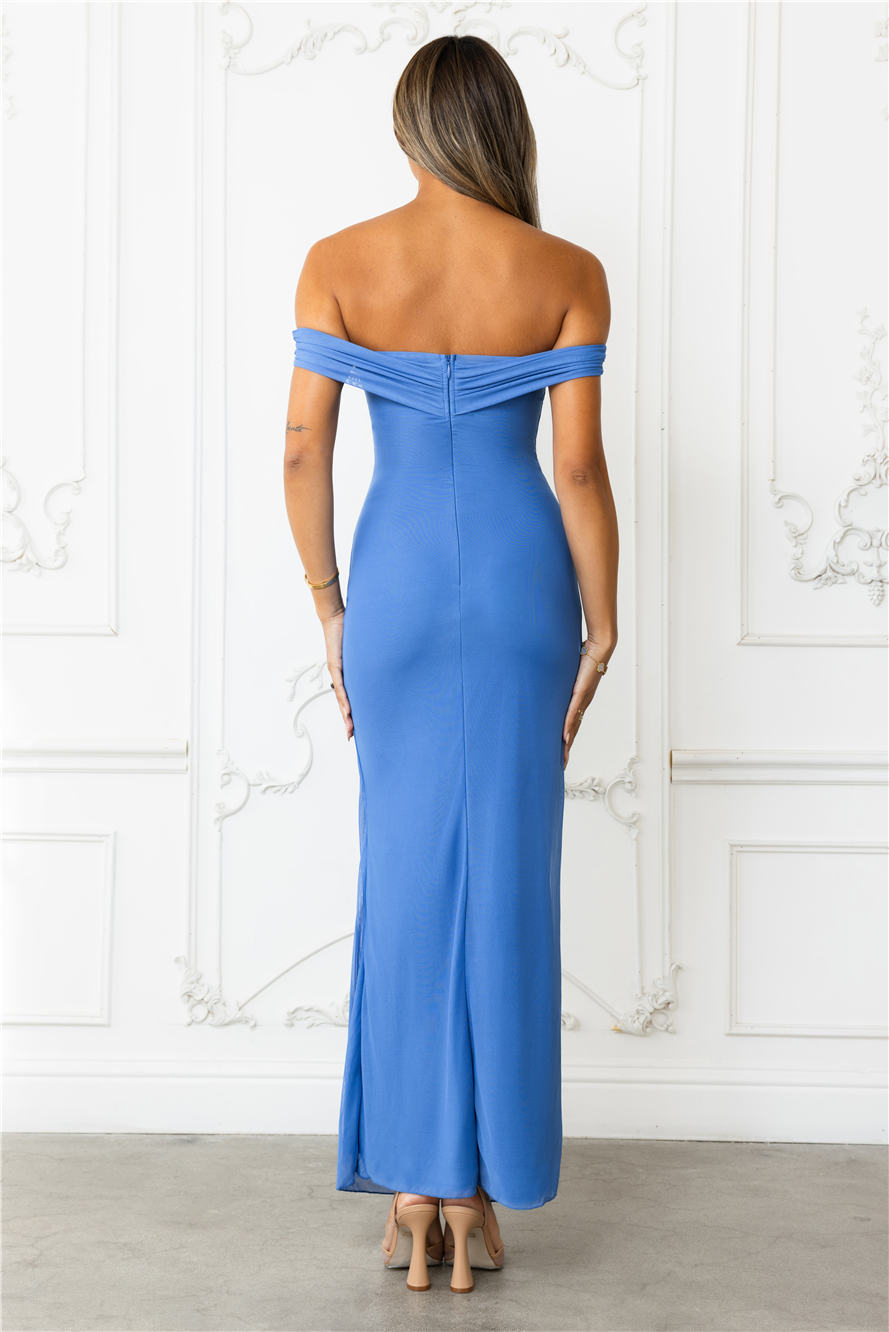 Stepping Back Off Shoulder Mesh Maxi Dress Blue