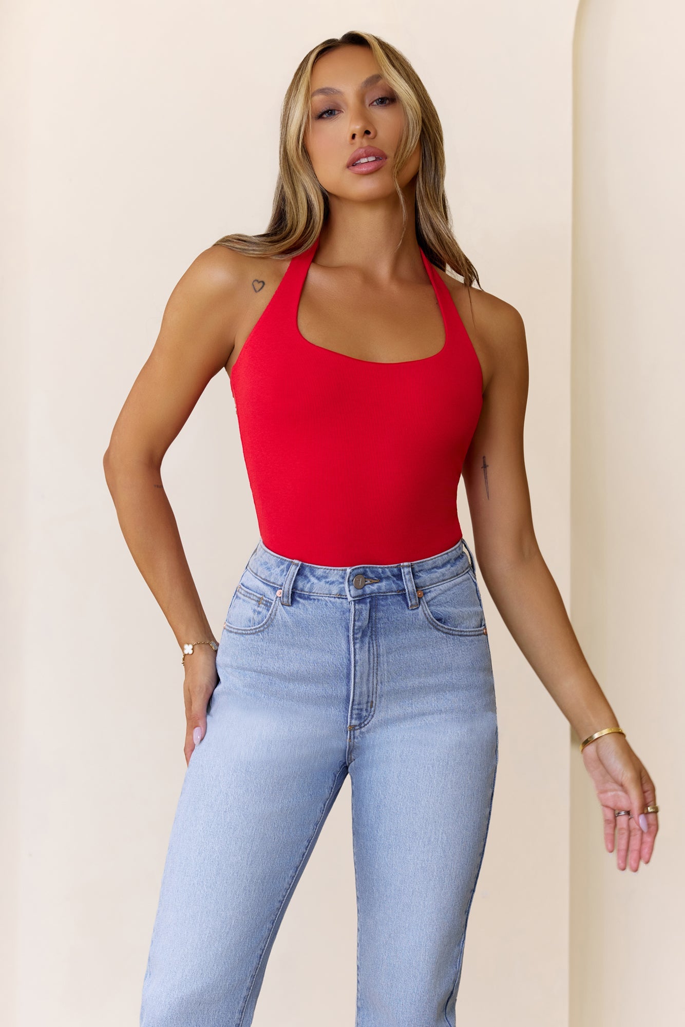 BASE Luxe Rib Simple Silhouette Halter Top Red