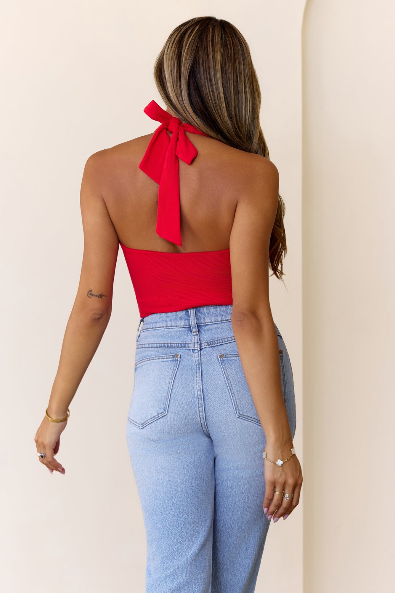 BASE Luxe Rib Simple Silhouette Halter Top Red
