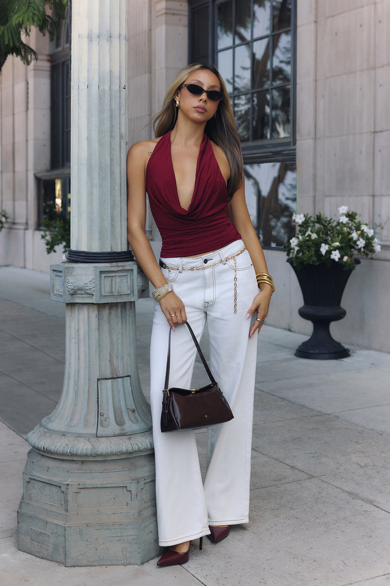 BASE Contour In Her Element Halter Cowl Top Wine
