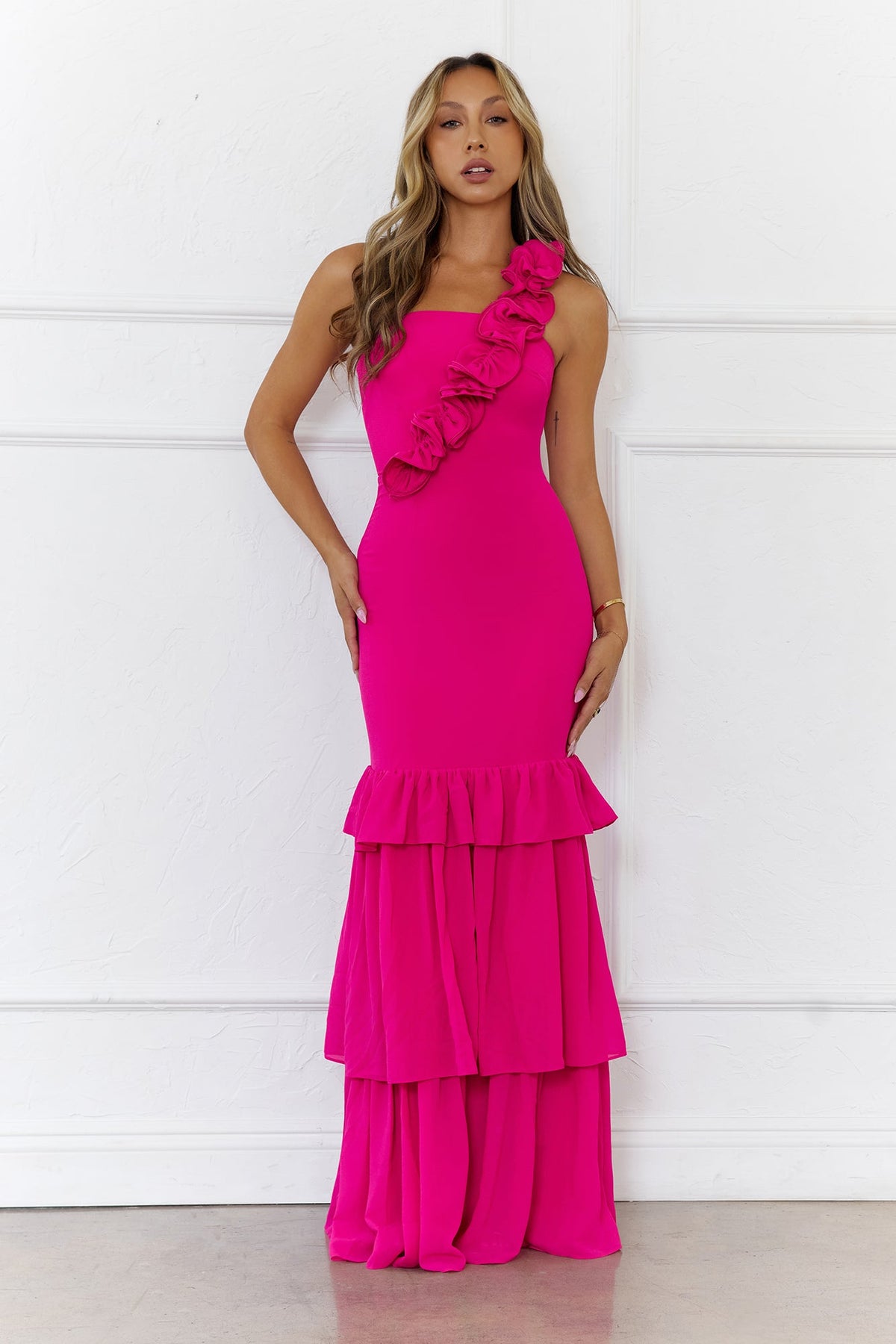 Blooming In Summer One Shoulder Maxi Dress Pink