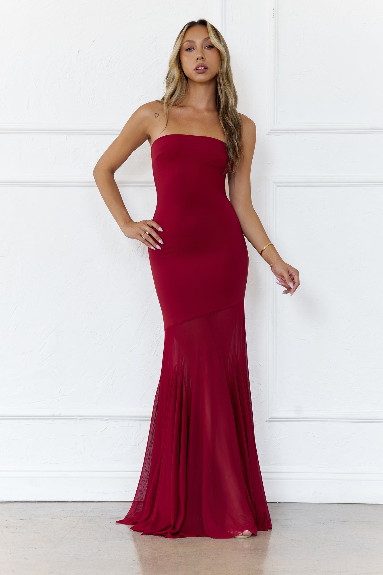 Radiant Petals Strapless Maxi Dress Wine