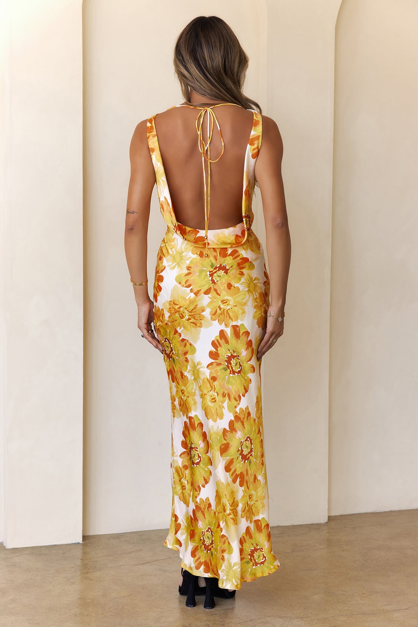 Romantic Steps Satin Maxi Dress Yellow