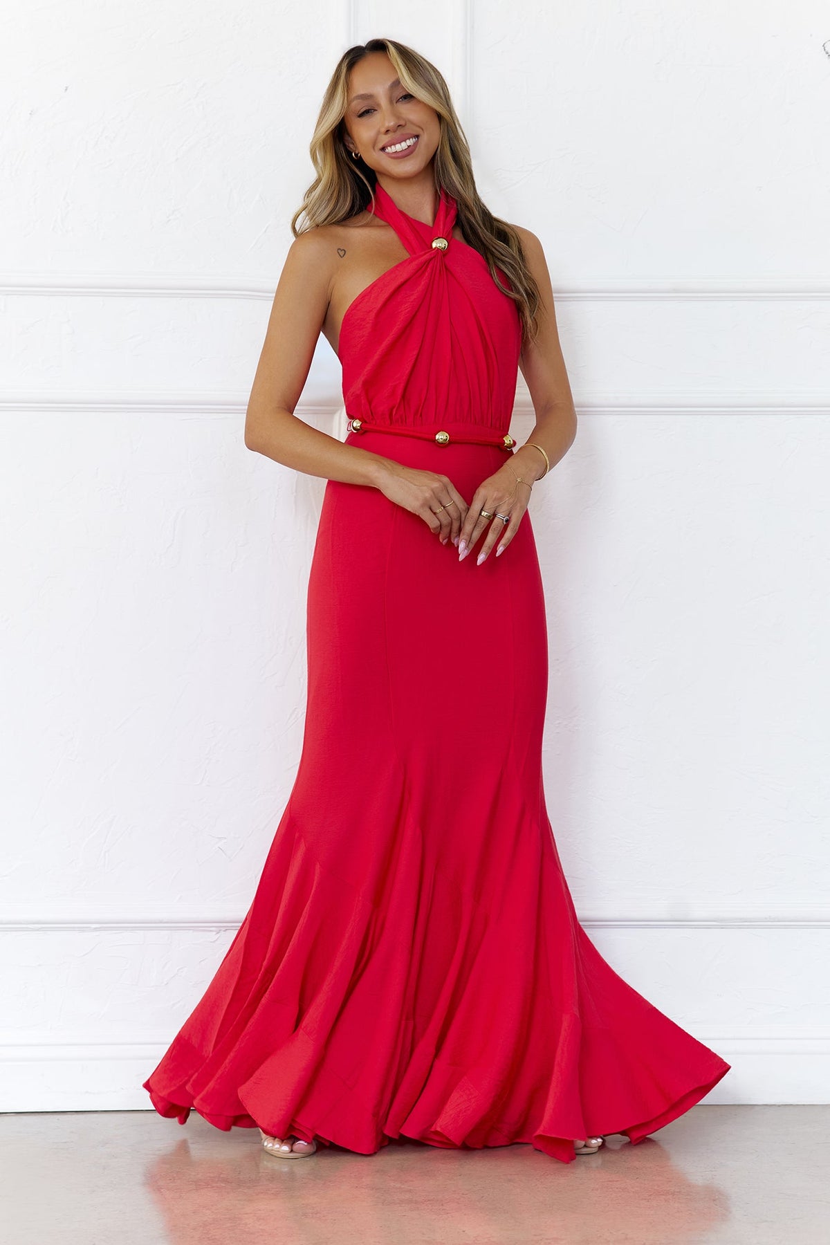 Gilded Dusk Halter Maxi Dress Coral