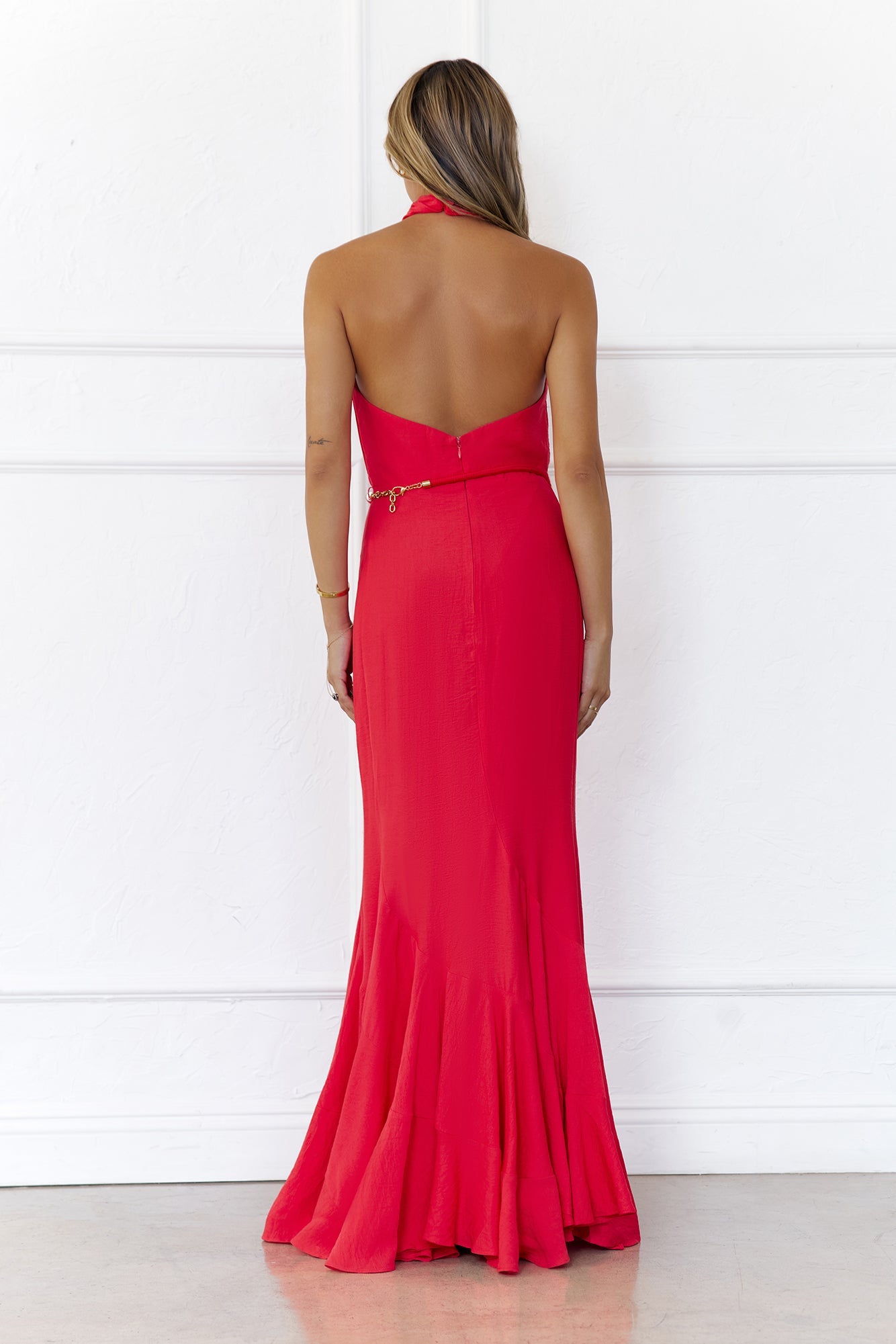 Gilded Dusk Halter Maxi Dress Coral