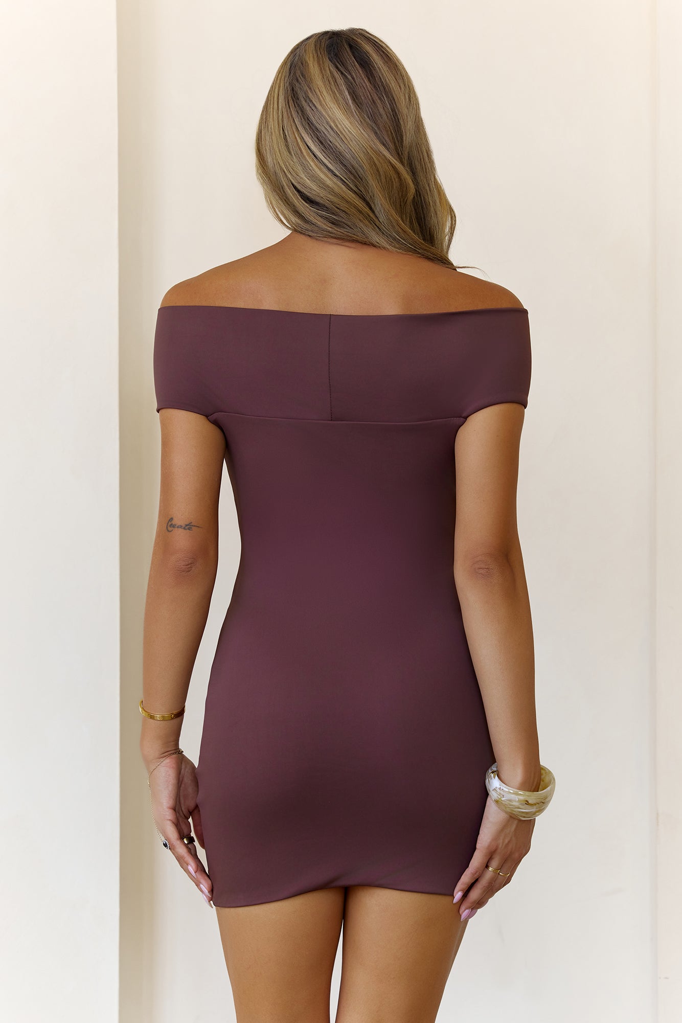 BASE Contour In The Studio Off Shoulder Mini Dress Chocolate