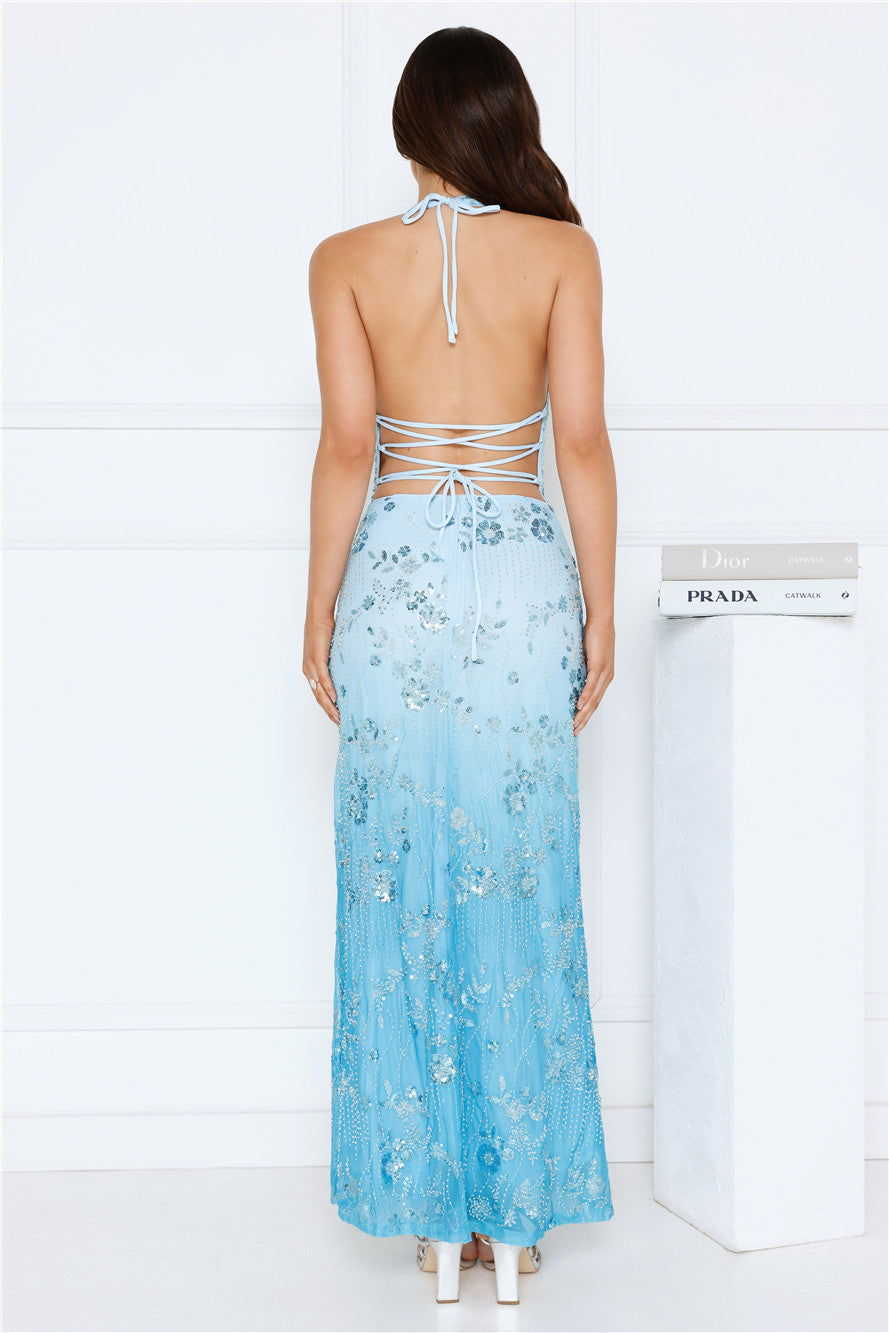 Shine Society Embellished Halter Maxi Dress Blue
