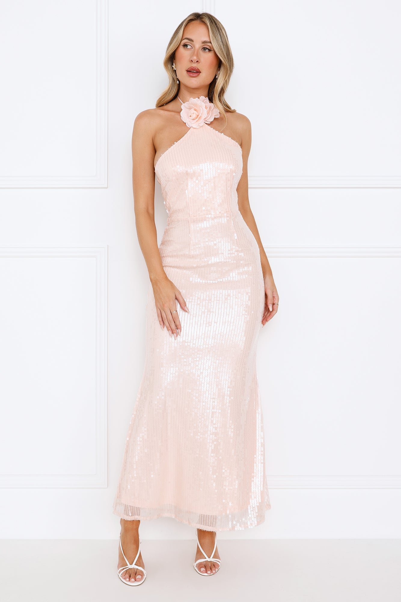 Star Shine Halter Sequin Maxi Dress Pink