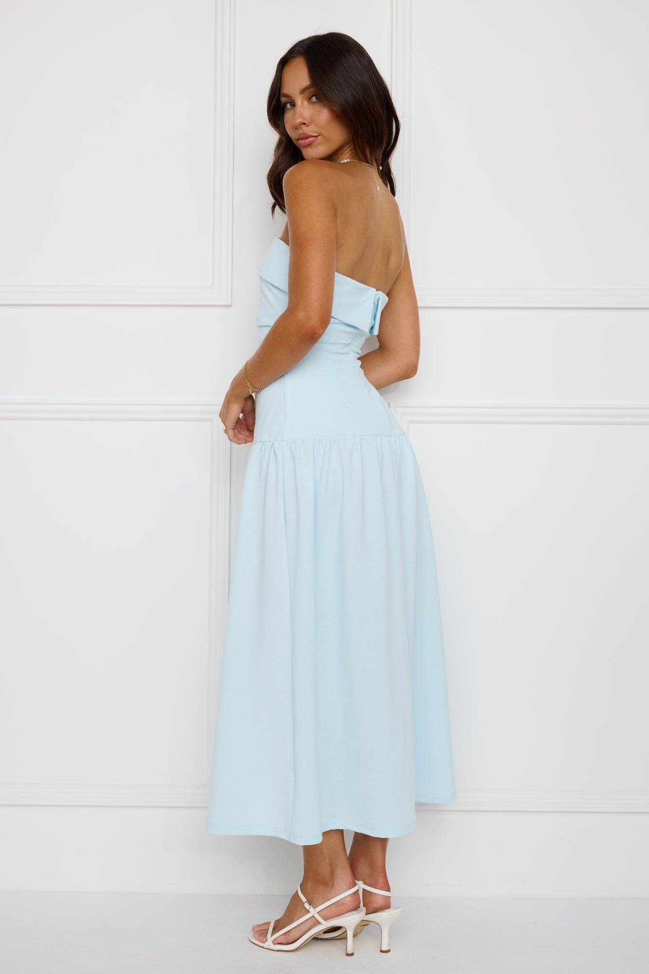 Effortlessly Posh Strapless Midi Dress Blue