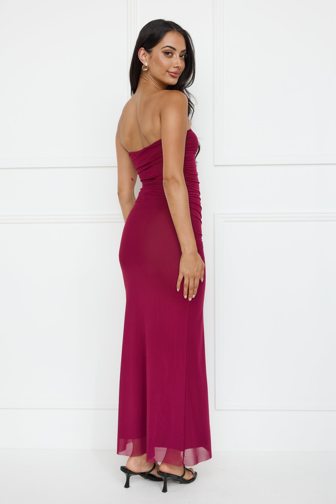 Noir Seduction Strapless Mesh Maxi Dress Burgundy
