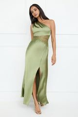 Show You Love One Shoulder Satin Maxi Dress Green