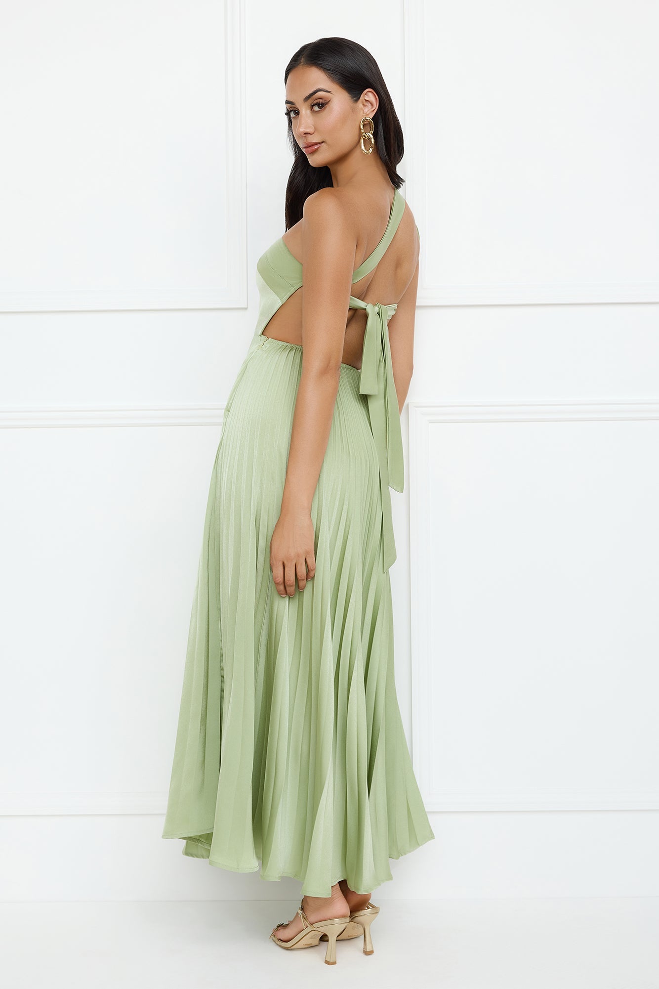 Rosé Reverie One Shoulder Satin Maxi Dress Sage