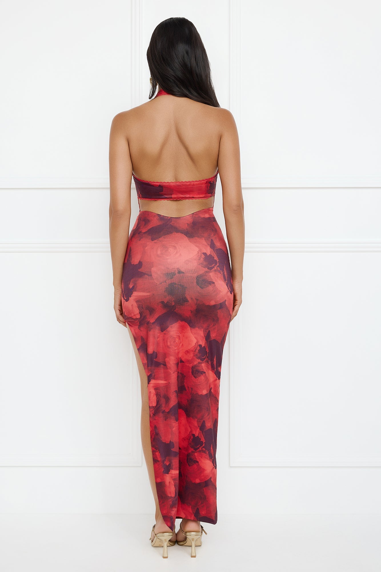 Watermelon Splash Halter Mesh Maxi Dress Red