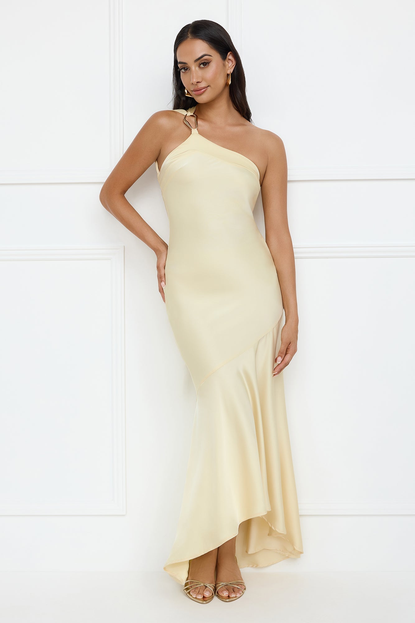Masquerade Energy One Shoulder Satin Maxi Dress Yellow