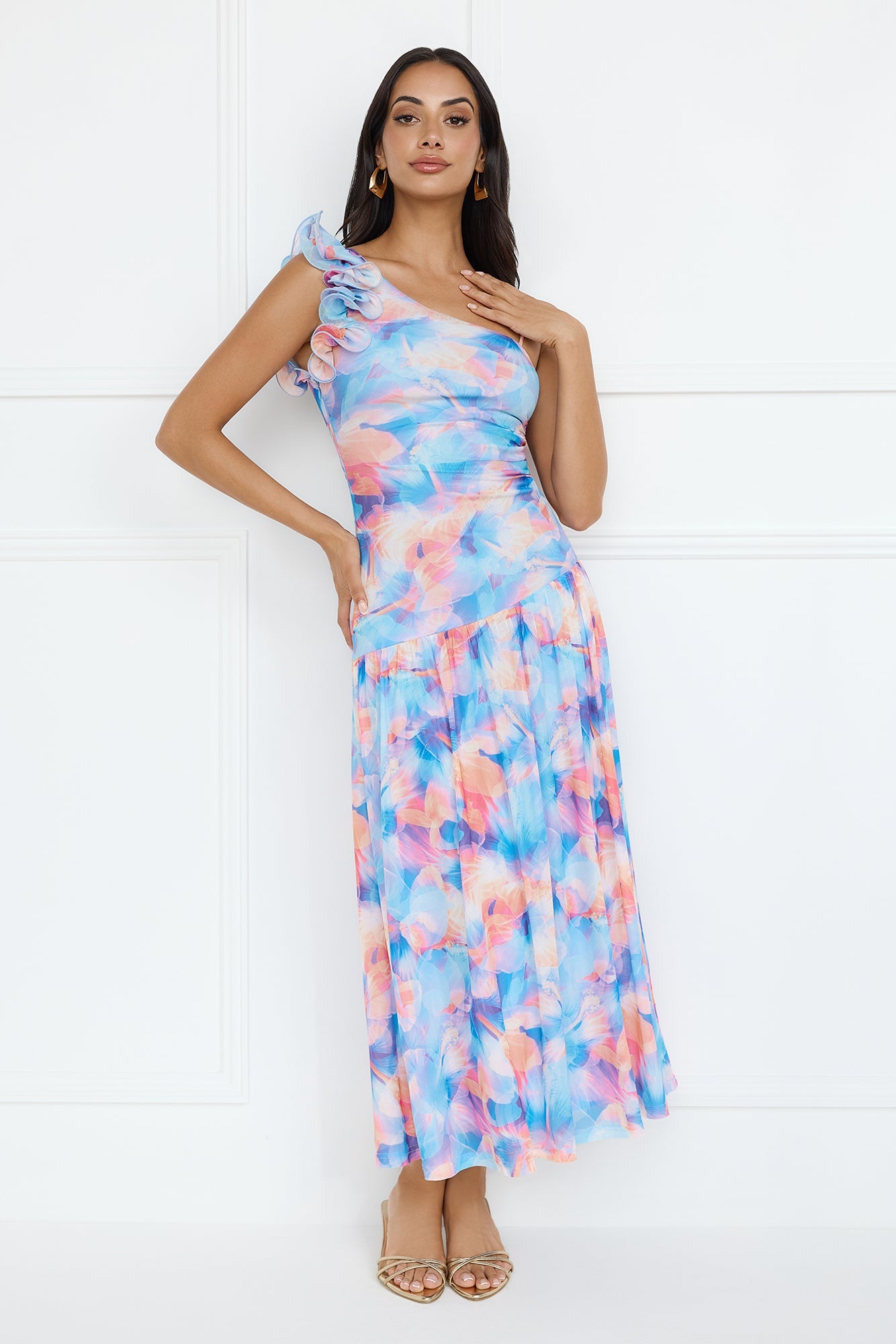 Pretty Encounter Mesh Maxi Dress Blue