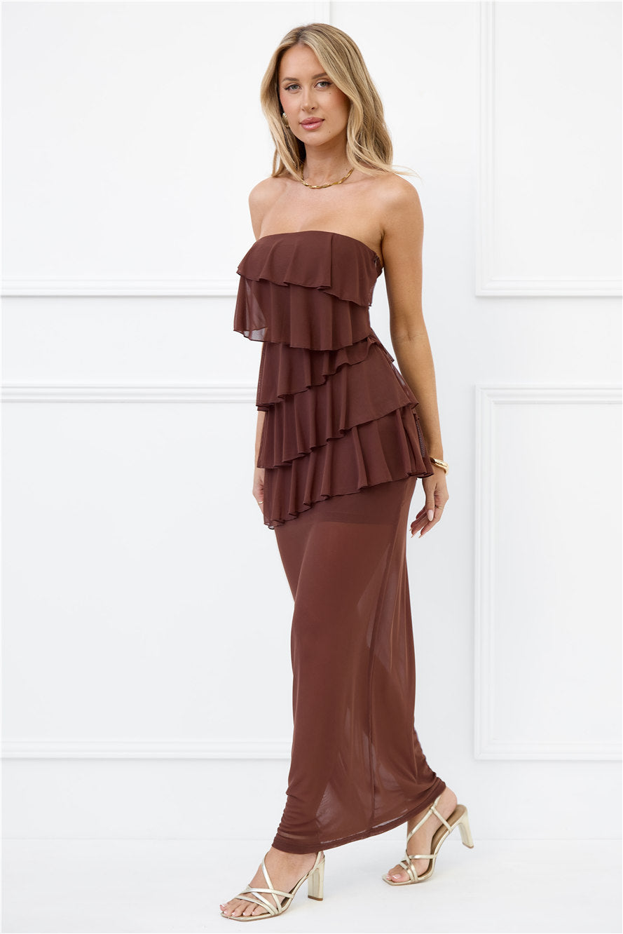Wisp of Wonder Mesh Strapless Maxi Dress Brown
