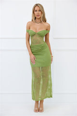 Paid In Full Off Shoulder Lace Maxi Dress Green