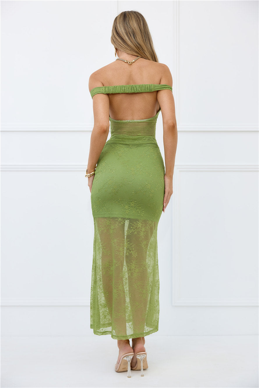 Paid In Full Off Shoulder Lace Maxi Dress Green