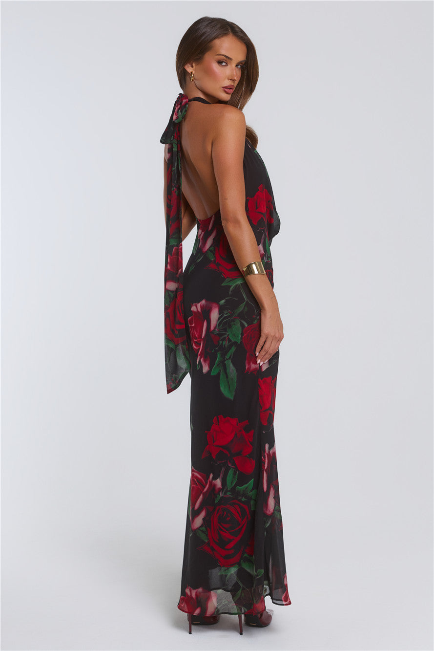 Rosy Perfume Halter Maxi Dress Black
