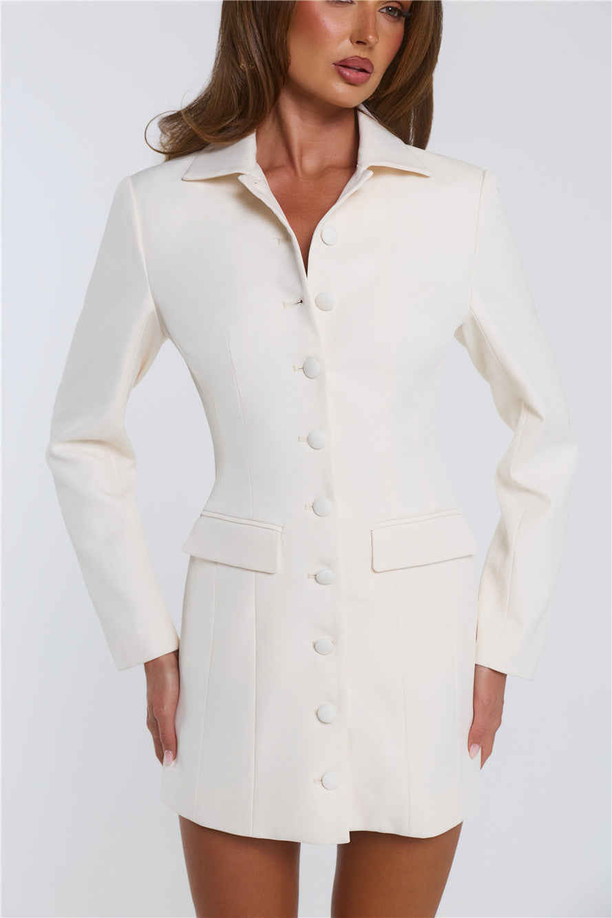 Preppy Perfection Long Sleeve Tailored Mini Dress Cream