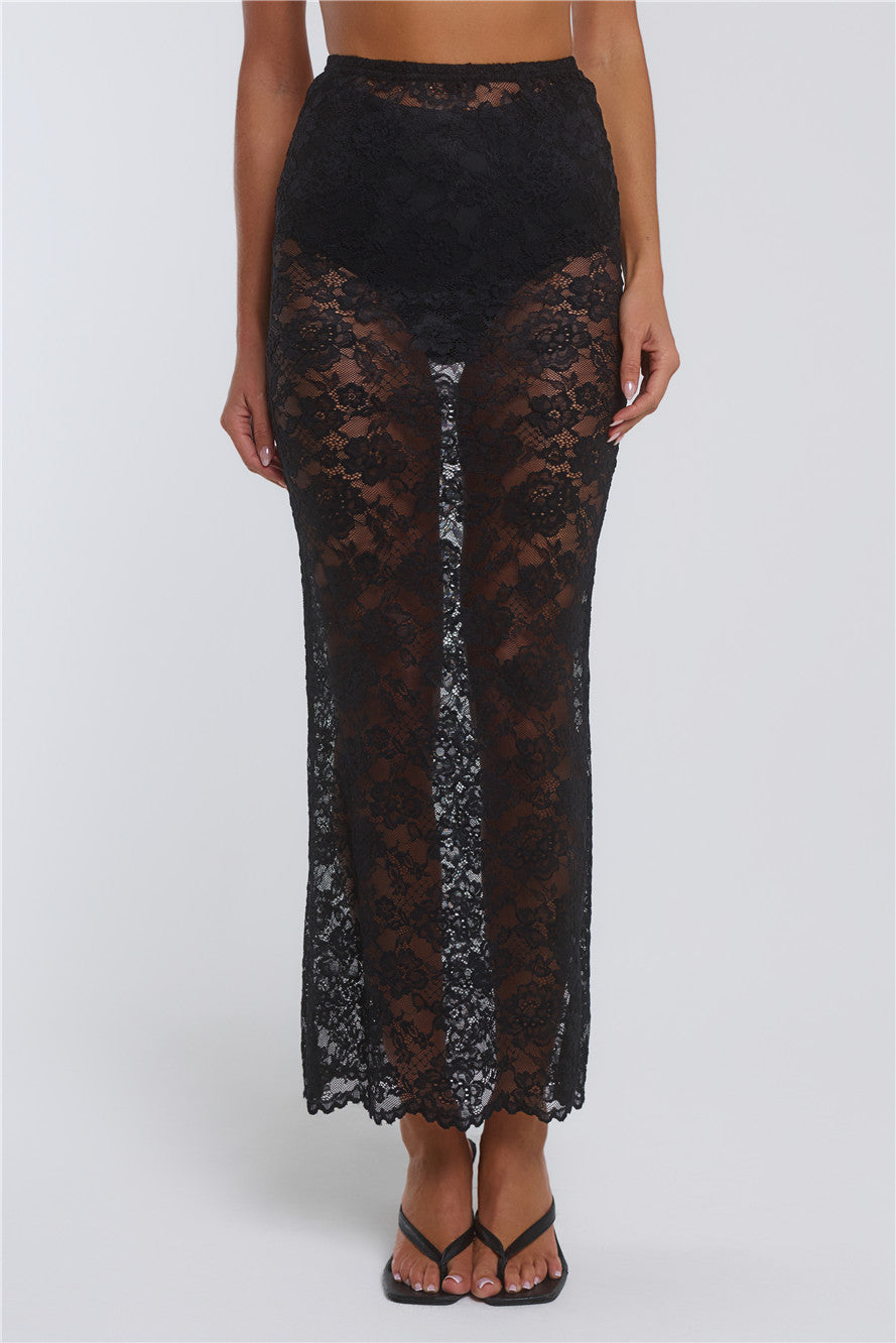 Date In Soho Sheer Lace Maxi Skirt Black