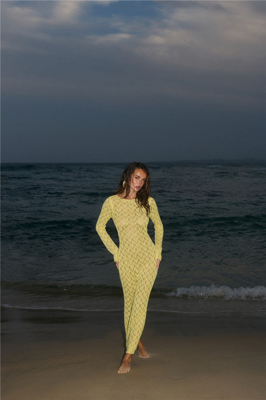 Island Aura Long Sleeve Knit Maxi Dress Yellow