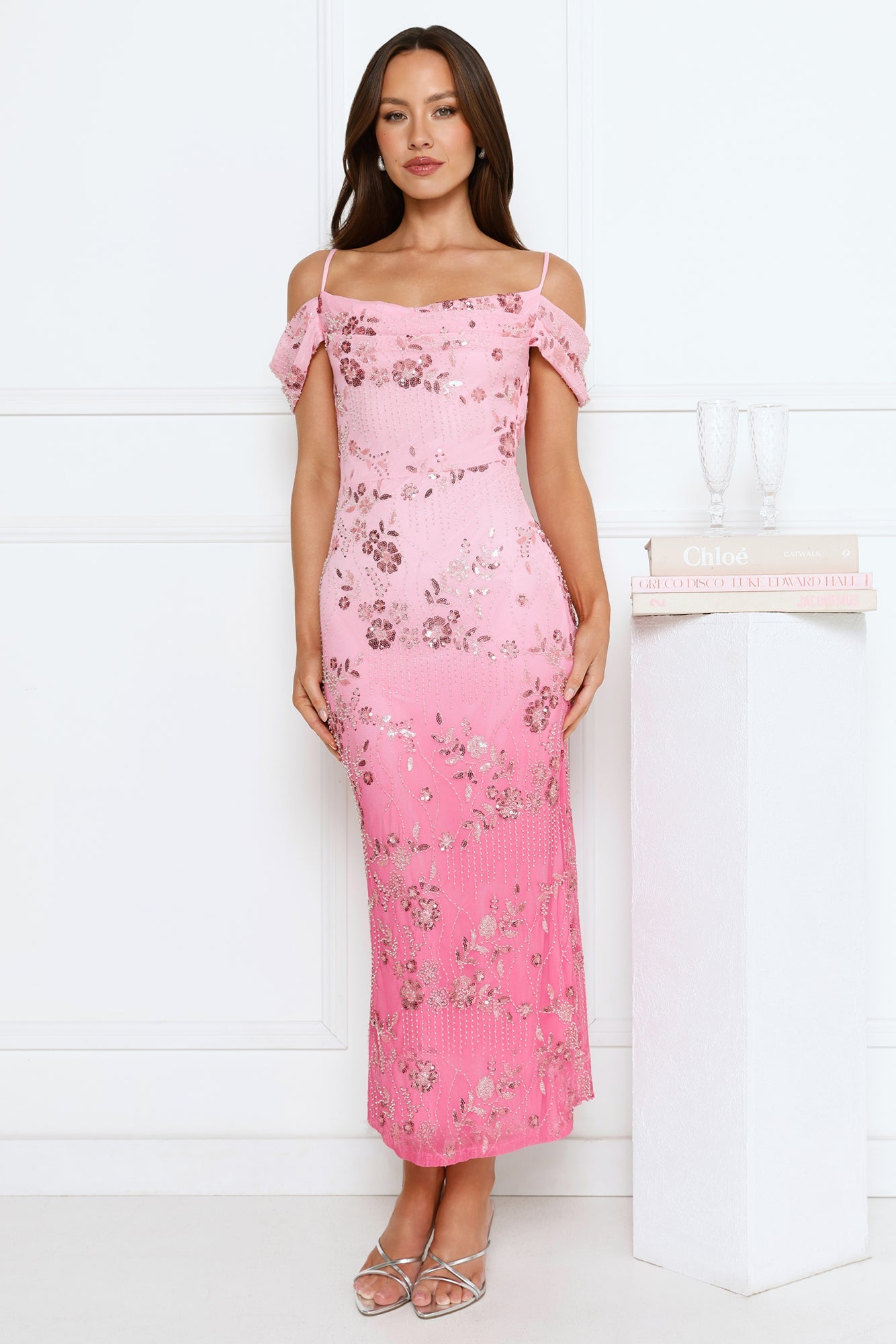 Champagne Sparkle Embellished Maxi Dress Pink