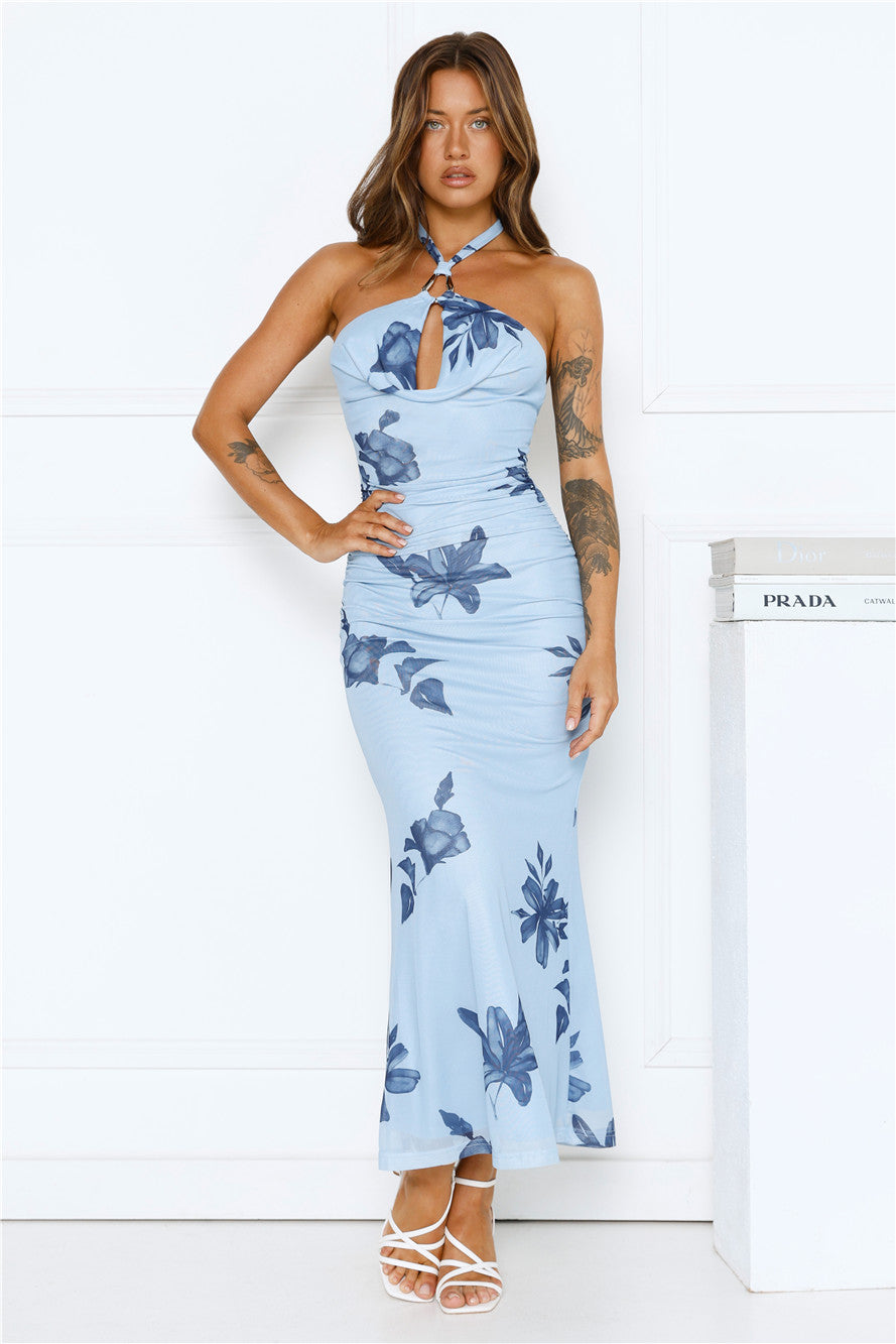 Petal Dusk Mesh Halter Maxi Dress Blue