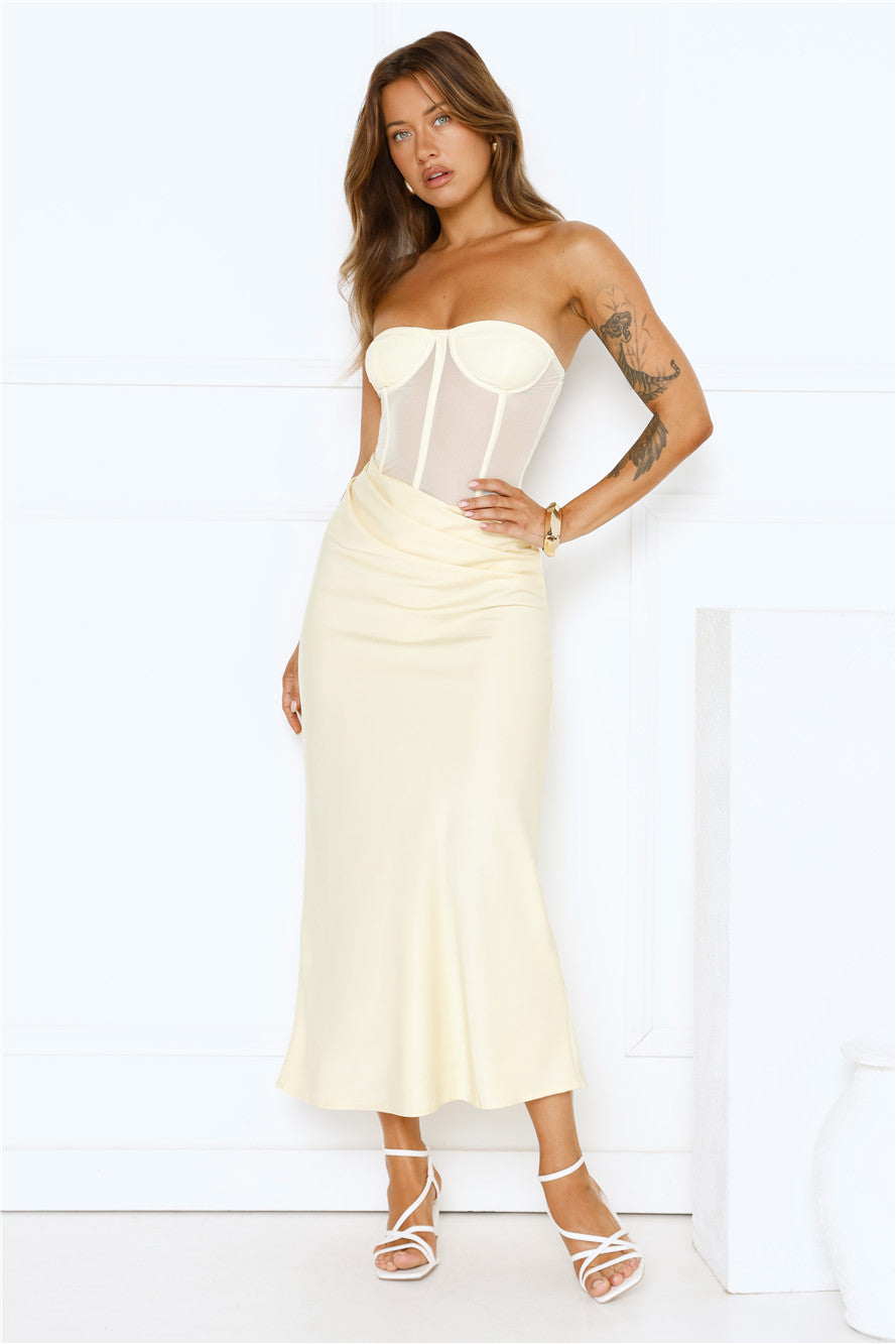 Solar Bloom Strapless Mesh Maxi Dress Yellow