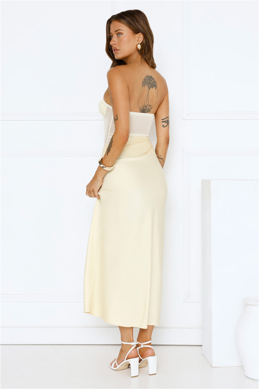 Solar Bloom Strapless Mesh Maxi Dress Yellow