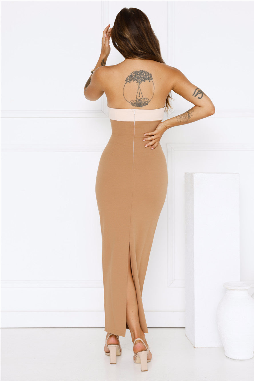 Silent Allure Strapless Maxi Dress Camel