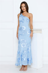Glossy Girl One Shoulder Mesh Maxi Dress Blue
