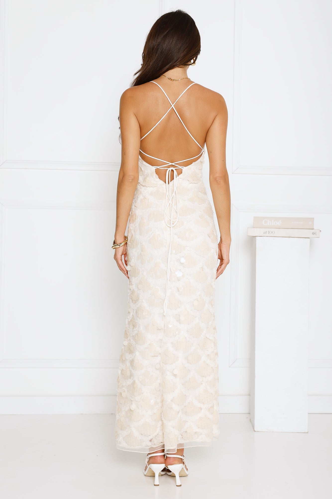 After Party Edit Halter Sequin Maxi Dress Cream