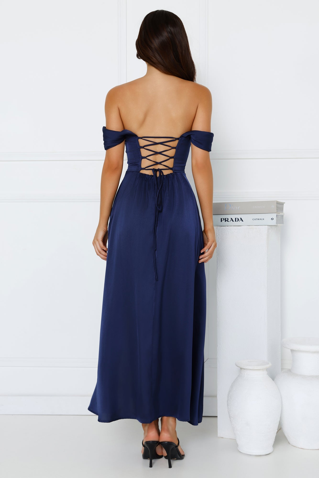 Golden Affair Off Shoulder Satin Maxi Dress Navy