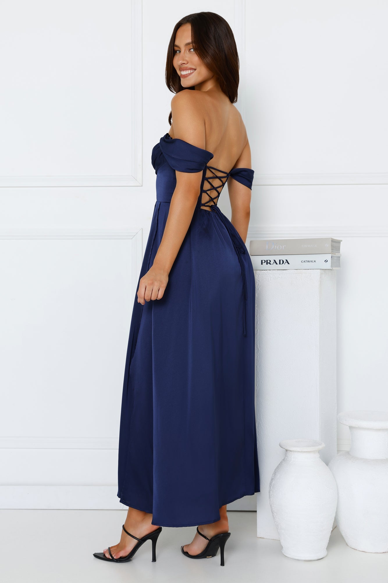 Golden Affair Off Shoulder Satin Maxi Dress Navy