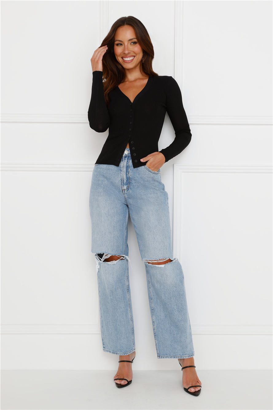 Buttoned Up Ribbed Long Sleeve Top Black