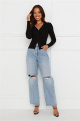 Buttoned Up Ribbed Long Sleeve Top Black
