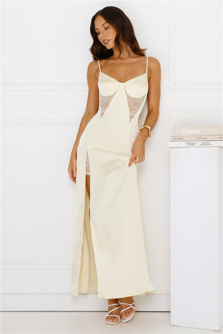 Midnight Heirloom Satin Maxi Dress Yellow