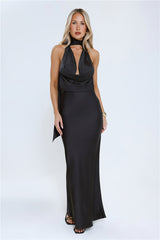 VIP Energy Satin Scarf Halter Maxi Dress Black