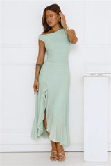 Effortless Girl Off Shoulder Mesh Midi Dress Sage