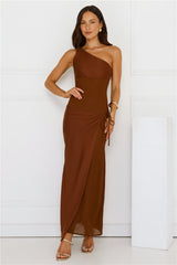 Satin Statement One Shoulder Maxi Dress Brown