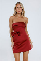 Golden Poise Strapless Satin Mini Dress Wine