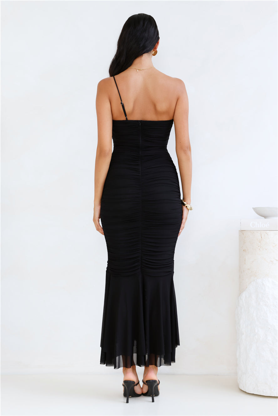 Style Night One Shoulder Mesh Midi Dress Black