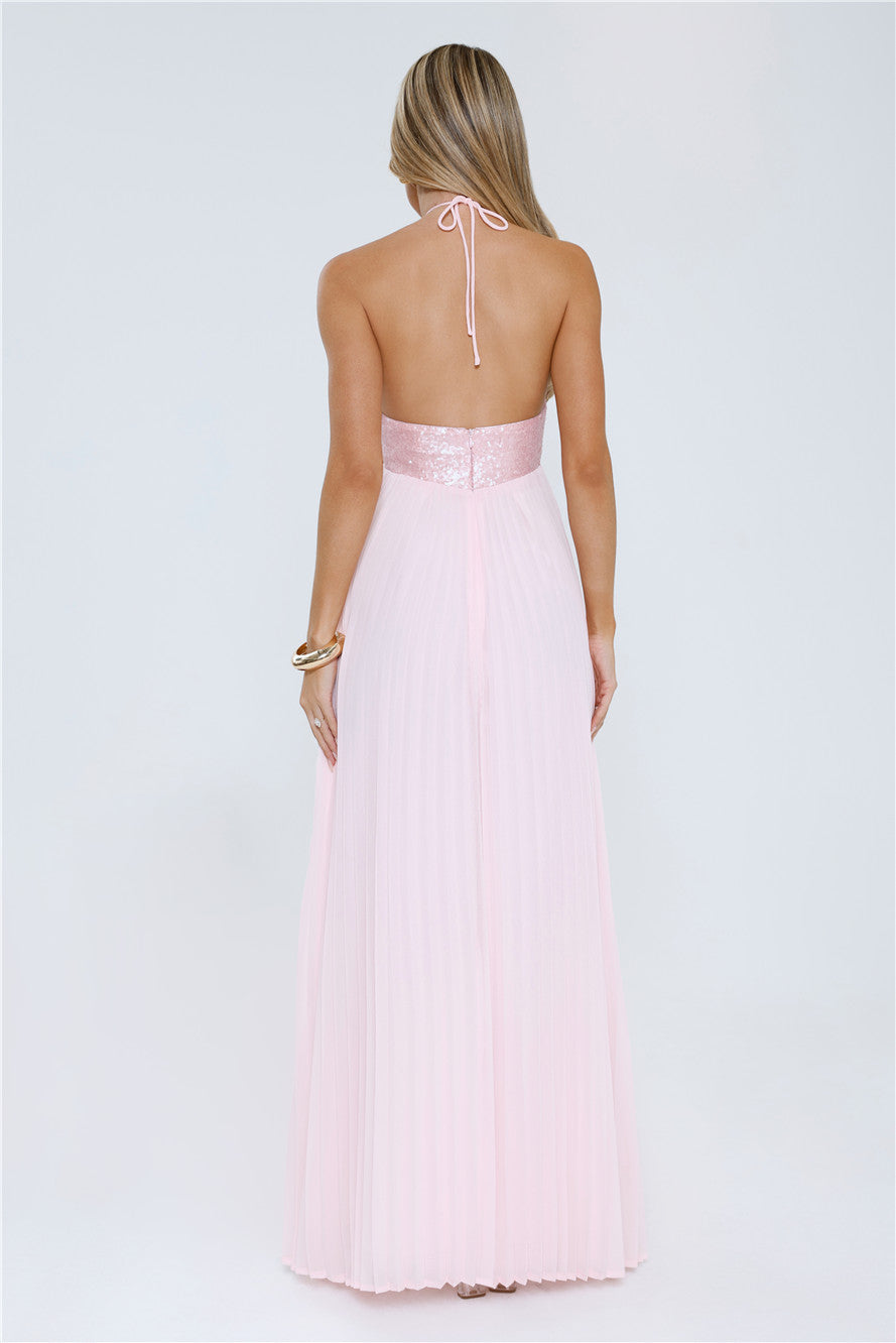 Starlit Ballroom Halter Sequin Maxi Dress Pink