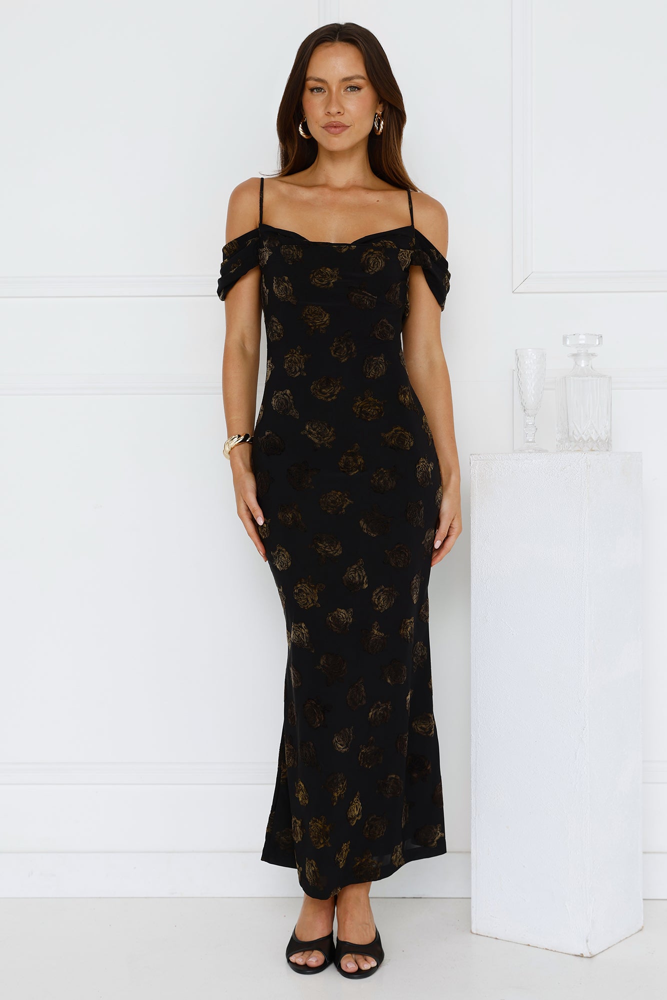 Petal Kiss Off Shoulder Maxi Dress Black